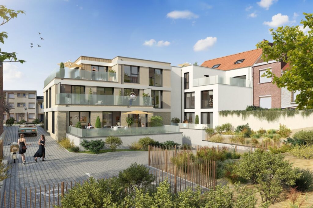 Residentie Les Terrasses de la Dune in Zuydcoote met moderne nieuwbouwappartementen en ruime terrassen nabij de duinen en het strand te koop met ERA Domus. Nieuwbouwappartement in Zuydcoote.